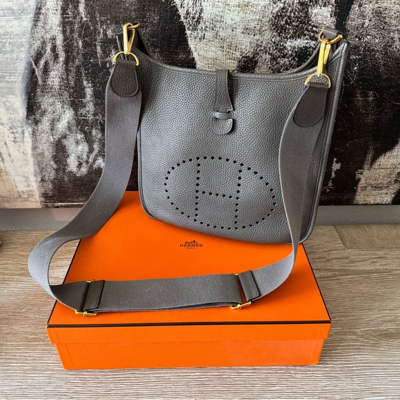 Hermes Handbags - Hermes Taurillon Clemence Evelyne III PM Etain